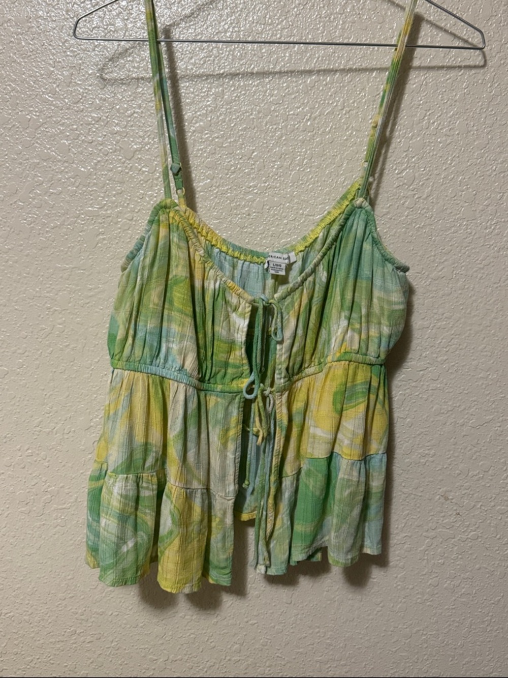 American Eagle Outfitters Green and Yellow Tie-Front Handkerchief-Hem Cami